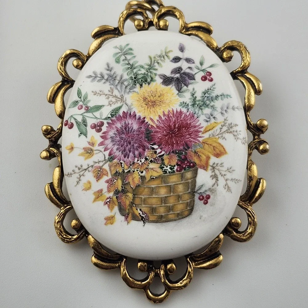Vintage Flower‎ Basket Painted Brooch Pendant